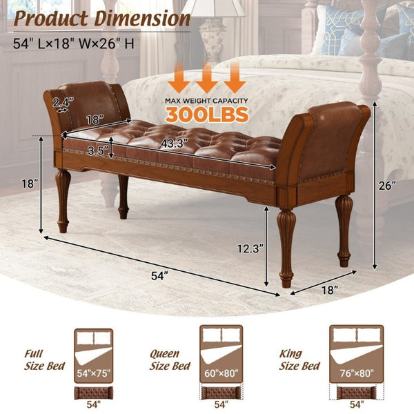 English Elm 54 Inch PU Leather Tufted Ottoman Bench Nailhead Trim Carved Legs Bedroom Entryway Reddish Brown N761P370378R