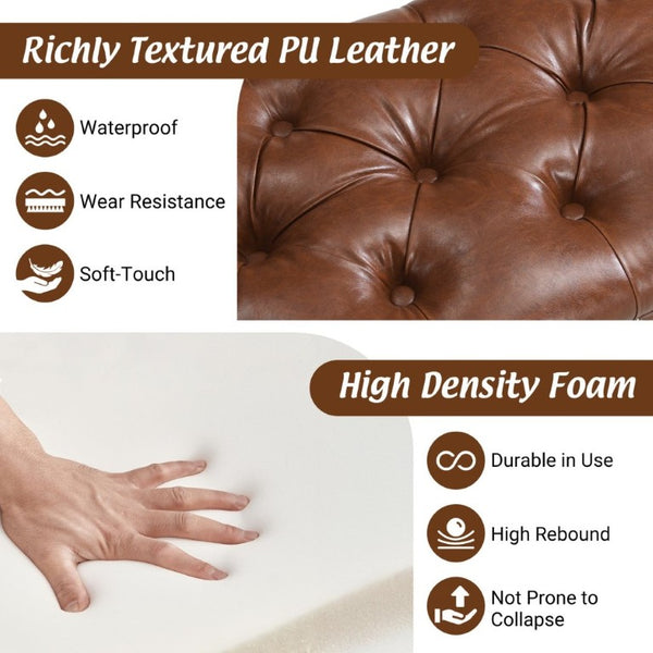 English Elm 54 Inch PU Leather Tufted Ottoman Bench Nailhead Trim Carved Legs Bedroom Entryway Reddish Brown N761P370378R