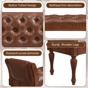 English Elm 54 Inch PU Leather Tufted Ottoman Bench Nailhead Trim Carved Legs Bedroom Entryway Reddish Brown N761P370378R