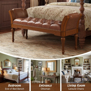 English Elm 54 Inch PU Leather Tufted Ottoman Bench Nailhead Trim Carved Legs Bedroom Entryway Reddish Brown N761P370378R