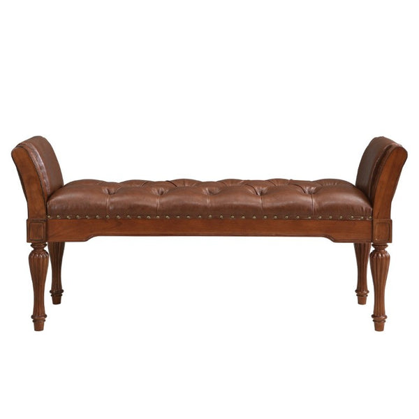 English Elm 54 Inch PU Leather Tufted Ottoman Bench Nailhead Trim Carved Legs Bedroom Entryway Reddish Brown N761P370378R