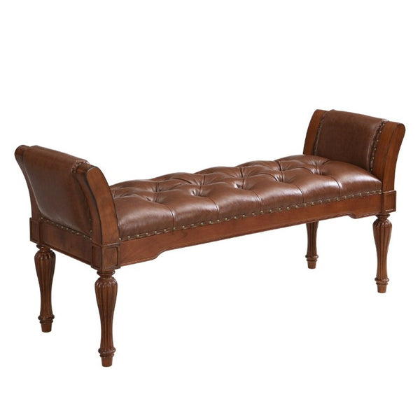 English Elm 54 Inch PU Leather Tufted Ottoman Bench Nailhead Trim Carved Legs Bedroom Entryway Reddish Brown N761P370378R
