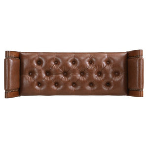 English Elm 54 Inch PU Leather Tufted Ottoman Bench Nailhead Trim Carved Legs Bedroom Entryway Reddish Brown N761P370378R