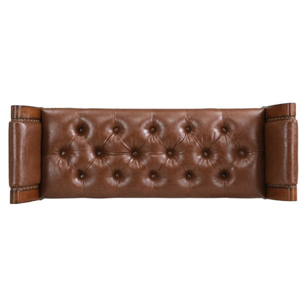 English Elm 54 Inch PU Leather Tufted Ottoman Bench Nailhead Trim Carved Legs Bedroom Entryway Reddish Brown N761P370378R