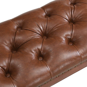 English Elm 54 Inch PU Leather Tufted Ottoman Bench Nailhead Trim Carved Legs Bedroom Entryway Reddish Brown N761P370378R