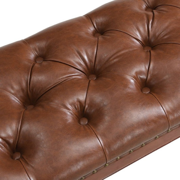 English Elm 54 Inch PU Leather Tufted Ottoman Bench Nailhead Trim Carved Legs Bedroom Entryway Reddish Brown N761P370378R