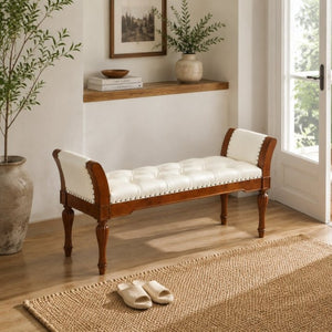 English Elm 54 Inch Button Tufted PU Leather Upholstered Bench Nailhead Trim Carved Wood Legs Bedroom N761P370378W