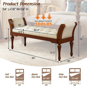 English Elm 54 Inch Button Tufted PU Leather Upholstered Bench Nailhead Trim Carved Wood Legs Bedroom N761P370378W