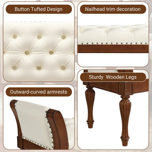 English Elm 54 Inch Button Tufted PU Leather Upholstered Bench Nailhead Trim Carved Wood Legs Bedroom N761P370378W