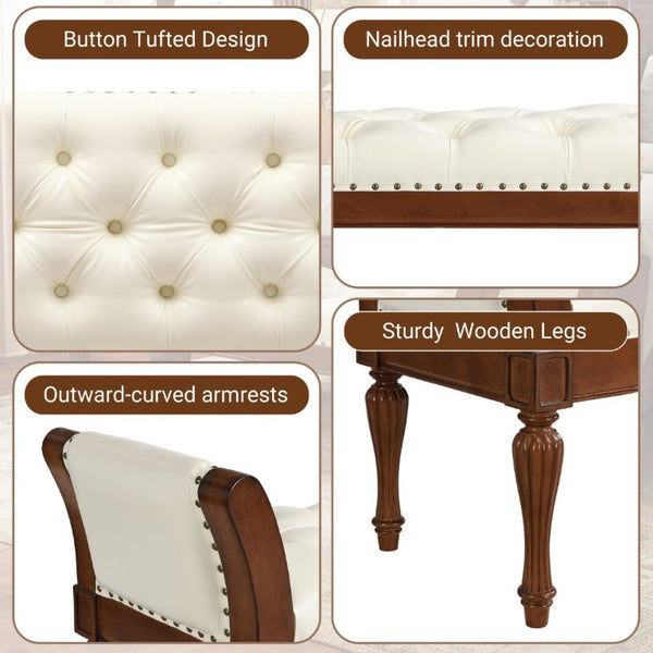English Elm 54 Inch Button Tufted PU Leather Upholstered Bench Nailhead Trim Carved Wood Legs Bedroom N761P370378W