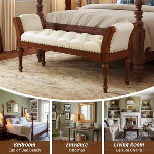 English Elm 54 Inch Button Tufted PU Leather Upholstered Bench Nailhead Trim Carved Wood Legs Bedroom N761P370378W