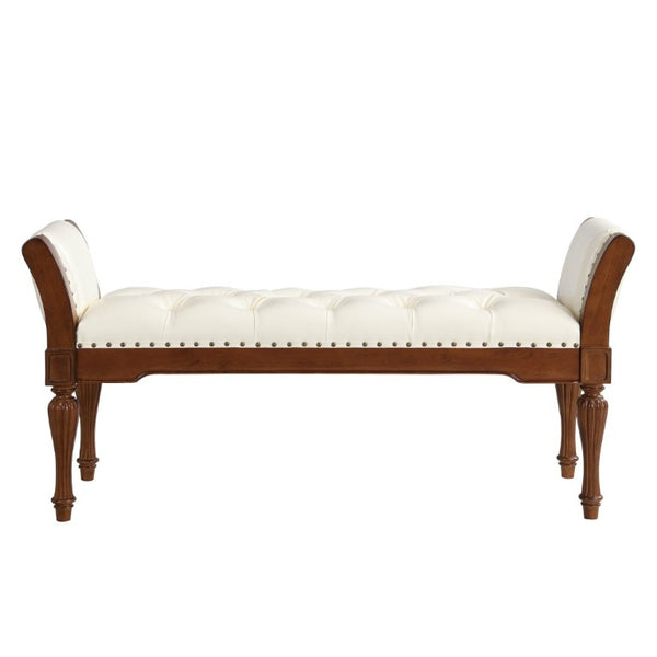 English Elm 54 Inch Button Tufted PU Leather Upholstered Bench Nailhead Trim Carved Wood Legs Bedroom N761P370378W