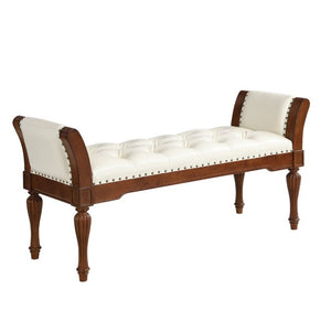 English Elm 54 Inch Button Tufted PU Leather Upholstered Bench Nailhead Trim Carved Wood Legs Bedroom N761P370378W