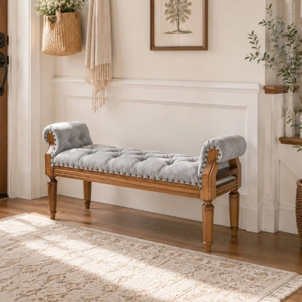 English Elm Mid-Century Rubberwood Tufted Upholstered Bench for Bedroom Entryway Window Seating Gray Nailhead Trim N761P370379E
