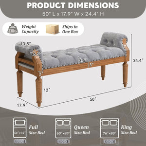 English Elm Mid-Century Rubberwood Tufted Upholstered Bench for Bedroom Entryway Window Seating Gray Nailhead Trim N761P370379E