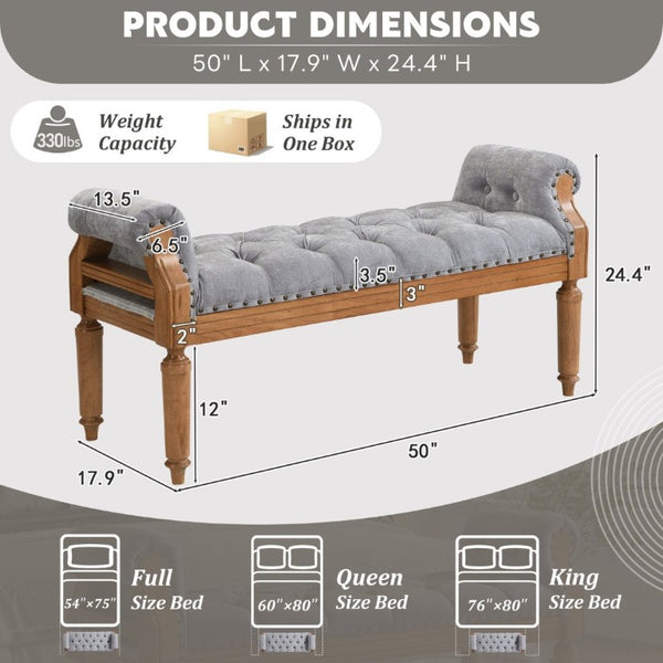English Elm Mid-Century Rubberwood Tufted Upholstered Bench for Bedroom Entryway Window Seating Gray Nailhead Trim N761P370379E