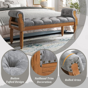 English Elm Mid-Century Rubberwood Tufted Upholstered Bench for Bedroom Entryway Window Seating Gray Nailhead Trim N761P370379E