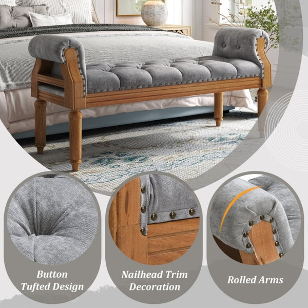 English Elm Mid-Century Rubberwood Tufted Upholstered Bench for Bedroom Entryway Window Seating Gray Nailhead Trim N761P370379E