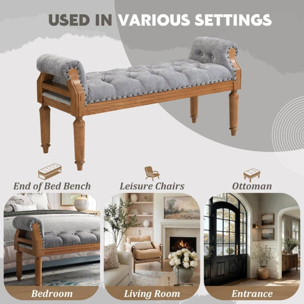 English Elm Mid-Century Rubberwood Tufted Upholstered Bench for Bedroom Entryway Window Seating Gray Nailhead Trim N761P370379E
