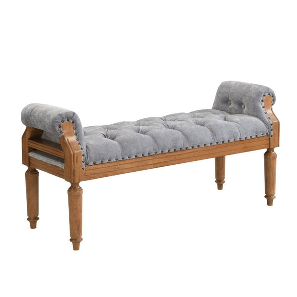 English Elm Mid-Century Rubberwood Tufted Upholstered Bench for Bedroom Entryway Window Seating Gray Nailhead Trim N761P370379E