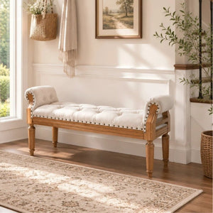 English Elm Mid-Century Rubberwood Tufted Upholstered Bench for Bedroom Entryway Window Seating Beige Nailhead Trim N761P370379M
