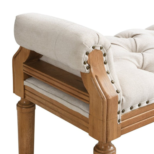 English Elm Mid-Century Rubberwood Tufted Upholstered Bench for Bedroom Entryway Window Seating Beige Nailhead Trim N761P370379M