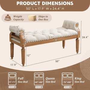 English Elm Mid-Century Rubberwood Tufted Upholstered Bench for Bedroom Entryway Window Seating Beige Nailhead Trim N761P370379M