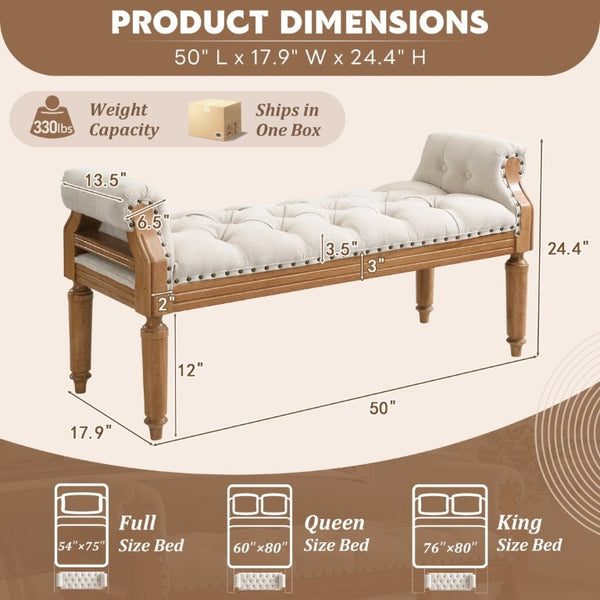 English Elm Mid-Century Rubberwood Tufted Upholstered Bench for Bedroom Entryway Window Seating Beige Nailhead Trim N761P370379M