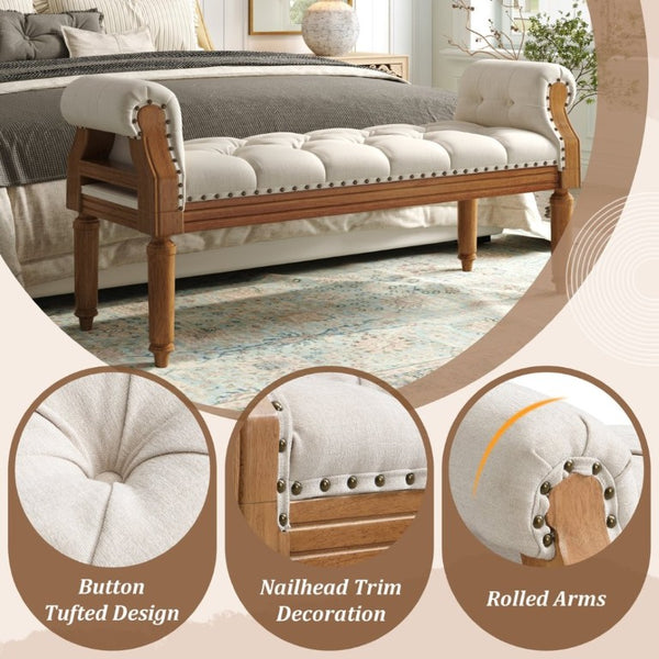 English Elm Mid-Century Rubberwood Tufted Upholstered Bench for Bedroom Entryway Window Seating Beige Nailhead Trim N761P370379M