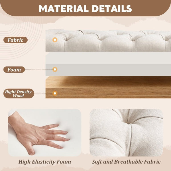 English Elm Mid-Century Rubberwood Tufted Upholstered Bench for Bedroom Entryway Window Seating Beige Nailhead Trim N761P370379M