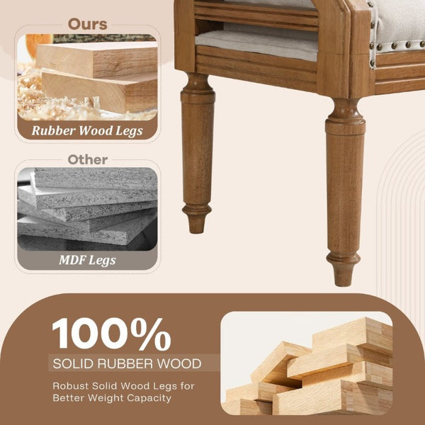 English Elm Mid-Century Rubberwood Tufted Upholstered Bench for Bedroom Entryway Window Seating Beige Nailhead Trim N761P370379M