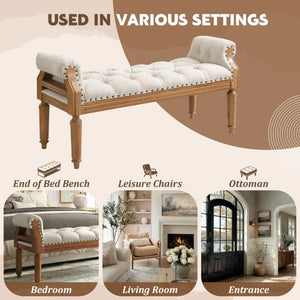 English Elm Mid-Century Rubberwood Tufted Upholstered Bench for Bedroom Entryway Window Seating Beige Nailhead Trim N761P370379M