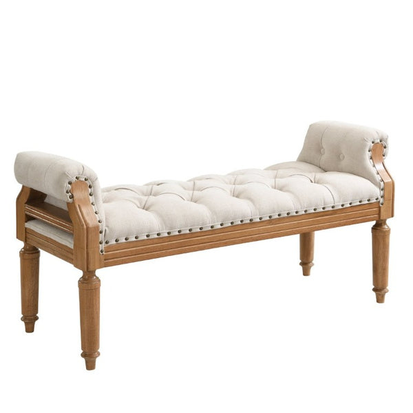 English Elm Mid-Century Rubberwood Tufted Upholstered Bench for Bedroom Entryway Window Seating Beige Nailhead Trim N761P370379M