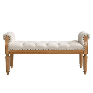 English Elm Mid-Century Rubberwood Tufted Upholstered Bench for Bedroom Entryway Window Seating Beige Nailhead Trim N761P370379M