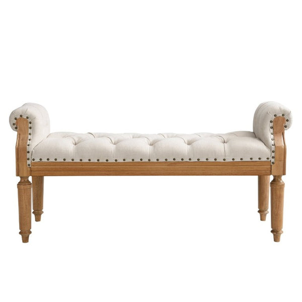 English Elm Mid-Century Rubberwood Tufted Upholstered Bench for Bedroom Entryway Window Seating Beige Nailhead Trim N761P370379M