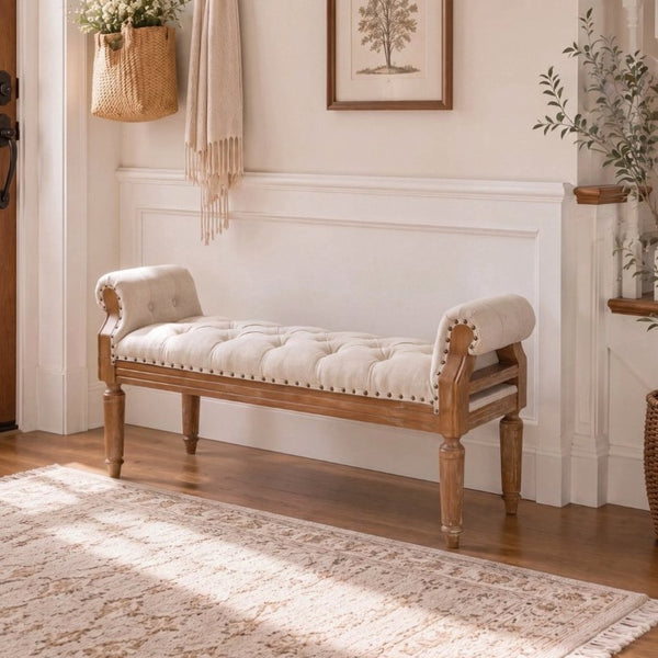English Elm Mid-Century Rubberwood Tufted Upholstered Bench for Bedroom Entryway Window Seating Beige Weathered Teak Finish Legs N761P370379W