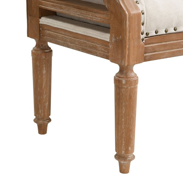 English Elm Mid-Century Rubberwood Tufted Upholstered Bench for Bedroom Entryway Window Seating Beige Weathered Teak Finish Legs N761P370379W