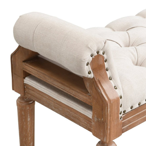 English Elm Mid-Century Rubberwood Tufted Upholstered Bench for Bedroom Entryway Window Seating Beige Weathered Teak Finish Legs N761P370379W