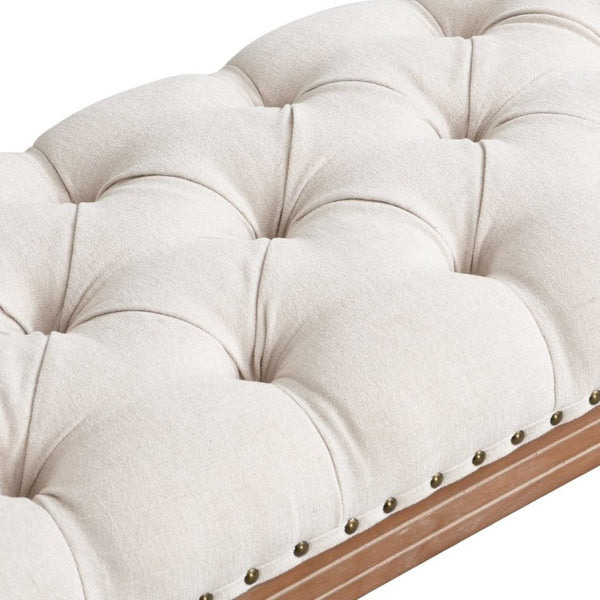 English Elm Mid-Century Rubberwood Tufted Upholstered Bench for Bedroom Entryway Window Seating Beige Weathered Teak Finish Legs N761P370379W