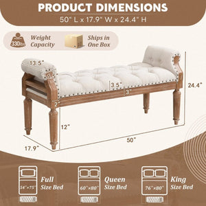 English Elm Mid-Century Rubberwood Tufted Upholstered Bench for Bedroom Entryway Window Seating Beige Weathered Teak Finish Legs N761P370379W