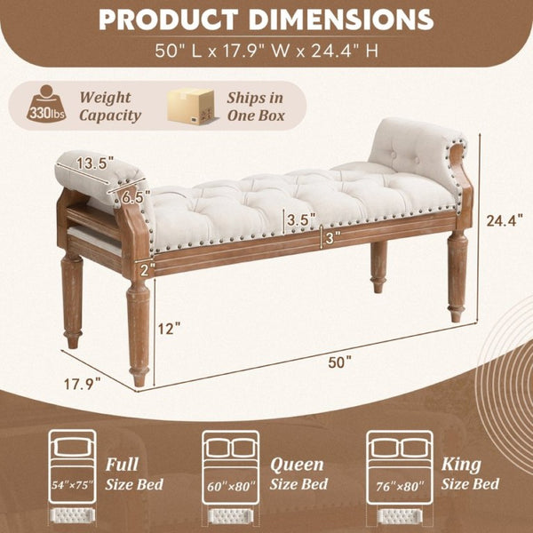 English Elm Mid-Century Rubberwood Tufted Upholstered Bench for Bedroom Entryway Window Seating Beige Weathered Teak Finish Legs N761P370379W