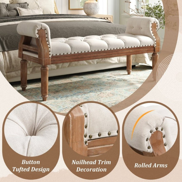 English Elm Mid-Century Rubberwood Tufted Upholstered Bench for Bedroom Entryway Window Seating Beige Weathered Teak Finish Legs N761P370379W