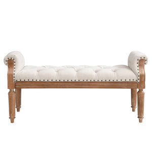 English Elm Mid-Century Rubberwood Tufted Upholstered Bench for Bedroom Entryway Window Seating Beige Weathered Teak Finish Legs N761P370379W