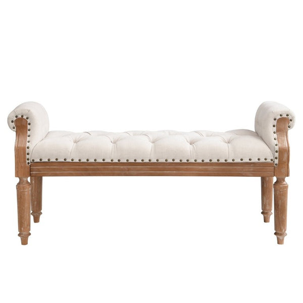 English Elm Mid-Century Rubberwood Tufted Upholstered Bench for Bedroom Entryway Window Seating Beige Weathered Teak Finish Legs N761P370379W