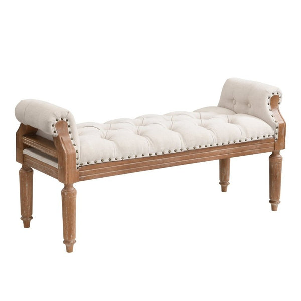 English Elm Mid-Century Rubberwood Tufted Upholstered Bench for Bedroom Entryway Window Seating Beige Weathered Teak Finish Legs N761P370379W