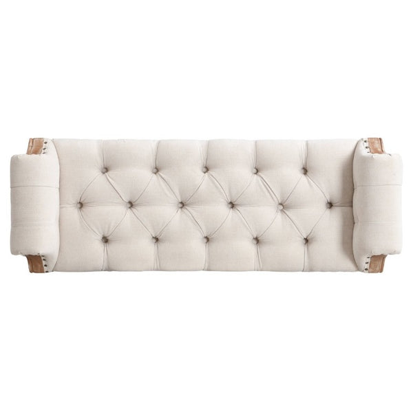 English Elm Mid-Century Rubberwood Tufted Upholstered Bench for Bedroom Entryway Window Seating Beige Weathered Teak Finish Legs N761P370379W