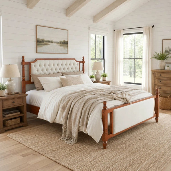 English Elm King Velvet Upholstered Platform Bed with Button Tufted Headboard and Carved Wood Posts Brown N761P428107D