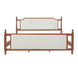 English Elm King Velvet Upholstered Platform Bed with Button Tufted Headboard and Carved Wood Posts Brown N761P428107D