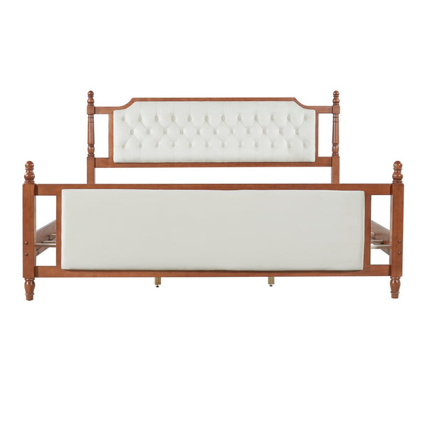English Elm King Velvet Upholstered Platform Bed with Button Tufted Headboard and Carved Wood Posts Brown N761P428107D