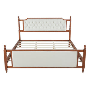 English Elm King Velvet Upholstered Platform Bed with Button Tufted Headboard and Carved Wood Posts Brown N761P428107D